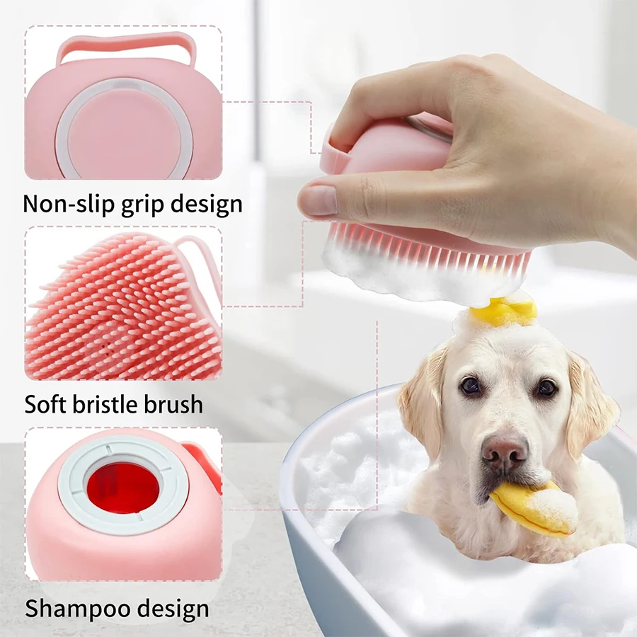 Cepillo de champú para mascotas, peine de baño de goma para masaje de silicona con almacenamiento de champú, lavado de perros y gatos de pelo corto y largo - imagen 3