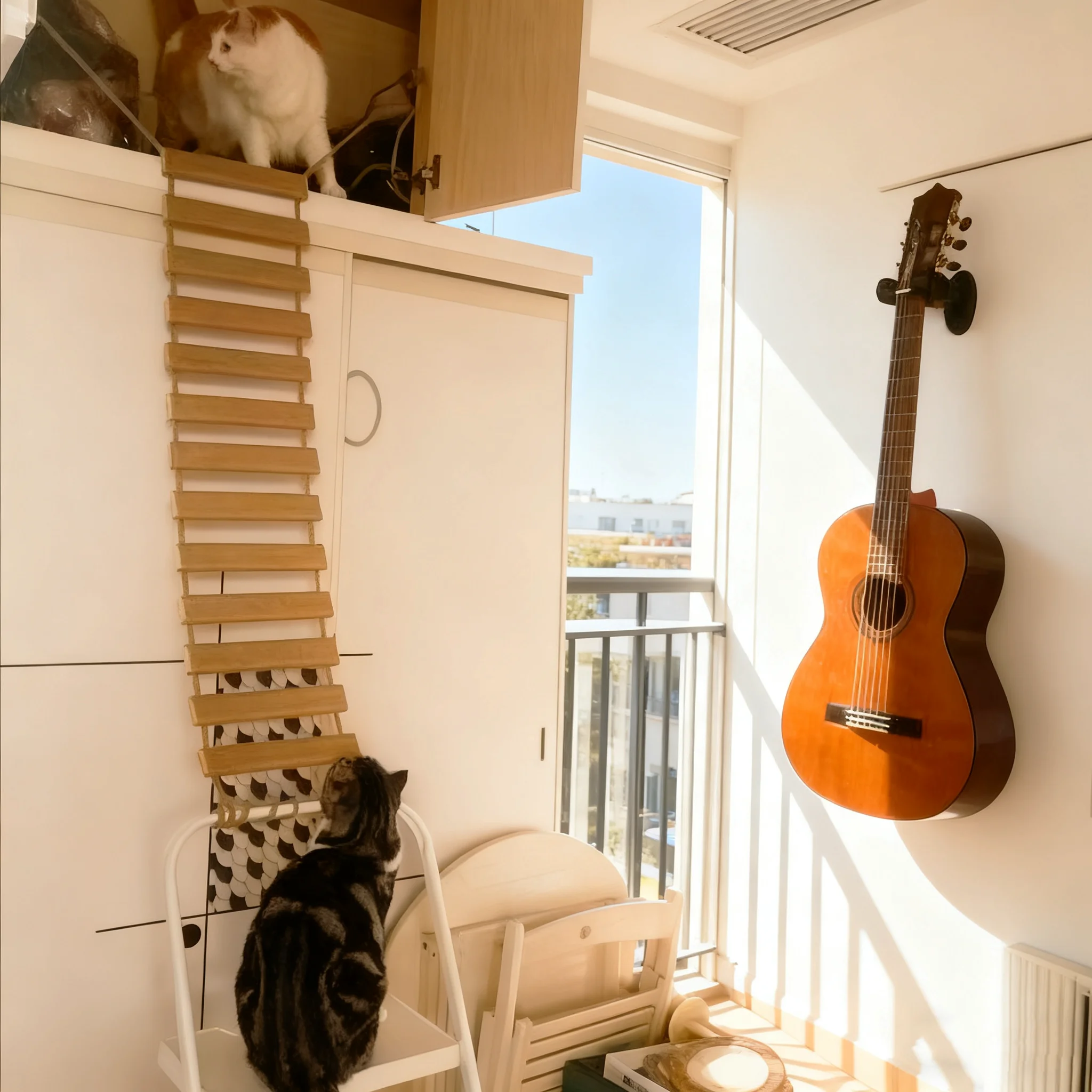 Muebles de pared Centro de actividades para gatos Rascador y puente de sisal de madera con escalones de cuerda para gatitos y gatos adultos