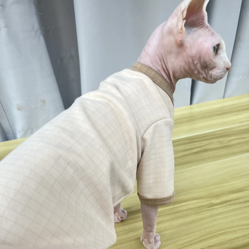 Abrigo de algodón a cuadros caqui para gato Sphynx Camiseta interior suave para gato sin pelo en invierno Abrigo cálido de manga larga para gatitos Devon Rex - imagen 4