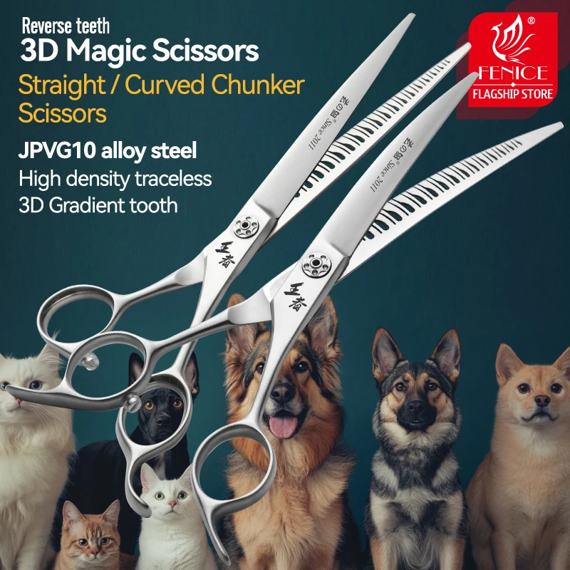 Fenice VG10 acero 7 pulgadas 3D dientes inversos tijeras mágicas para el cuidado de perros y mascotas tijeras rectas/curvas tornillos de rodamiento 60-70%