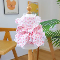 Vestidos de verano con estampado de corazón para perros pequeños, monos de princesa en capas para gatos maltés, ropa para fiesta de cumpleaños con lazo para mascotas