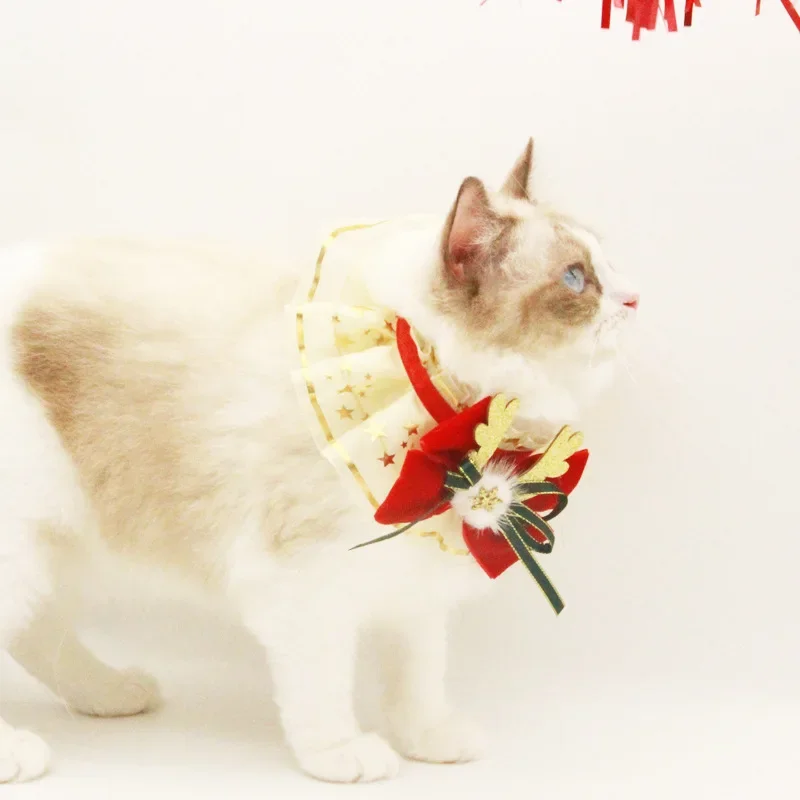 Para gatos y perros pequeños, medianos y grandes, Collar ajustable con diseño de estrella navideña para gatos, babero de encaje para perros y mascotas, Bandana - imagen 4