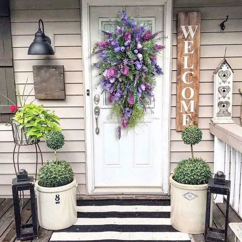 Corona de tulipán púrpura para puerta delantera, guirnalda Floral Artificial de hojas verdes, decoración de boda para el hogar, primavera y otoño, Verano - imagen 5
