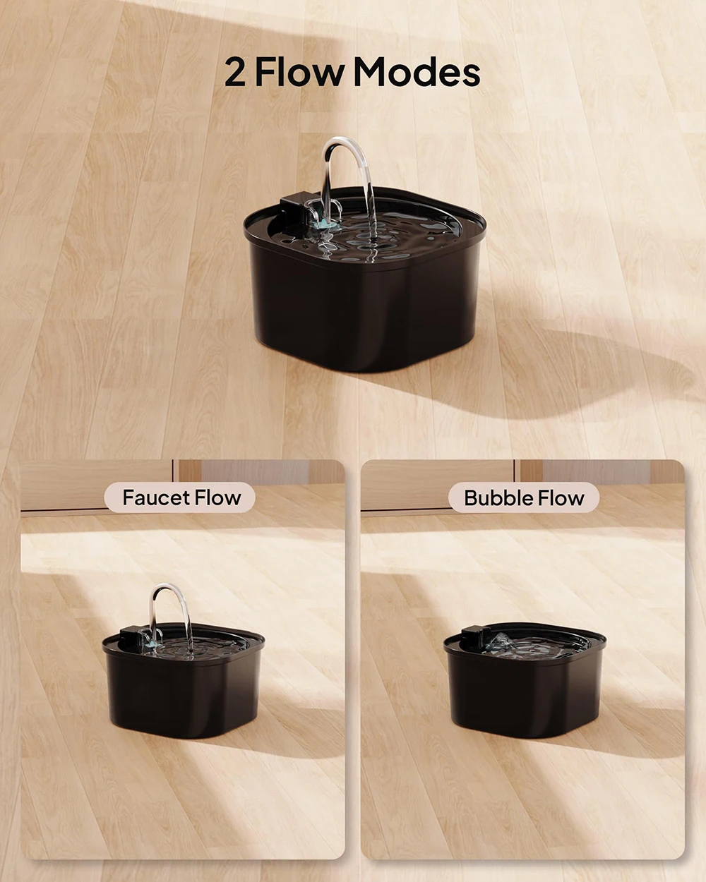 Un cubo negro con agua se muestra en diferentes etapas de llenado.