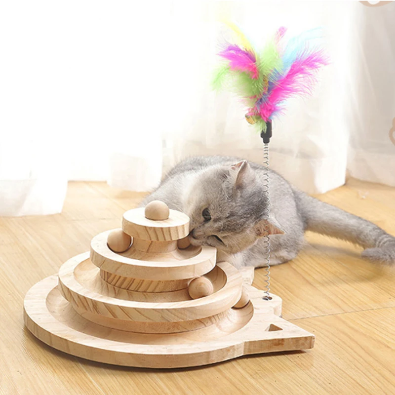 Torre de juguete de madera para Gato de 2/3 niveles, pistas de disco, diversión de inteligencia para gatos, disco de juego Triple, juguetes para gatos, juguetes de entrenamiento de pelota - imagen 3