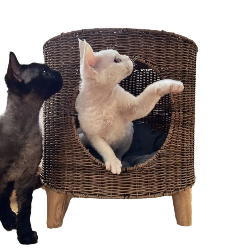 Cama para gatos tejida a mano, cama para gatos semicerrada de imitación de vid tejida, transpirable para todas las estaciones, camas para gatos suaves y ecológicas, nido para mascotas - imagen 5