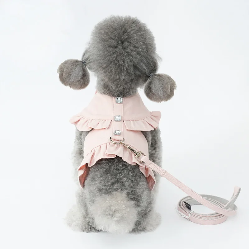 Falda con cuello para perro, bonito arnés para mascotas con correa para el pecho, cuerda, ropa para cachorros, chaleco, vestido para perro, falda de perlas para peluche de Pomerania Yorkshire - imagen 3