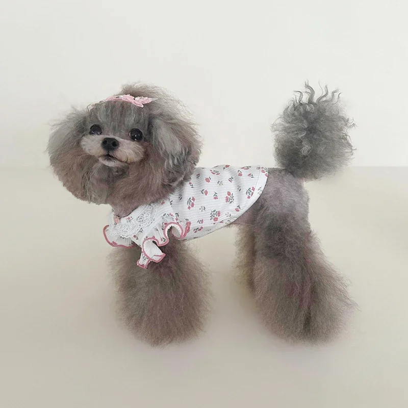 Camiseta de primavera y verano para mascotas, camisa Base de manga voladora de encaje Floral de cereza, chaleco bonito para Gato, ropa para cachorros, ropa para perros pequeños - imagen 3