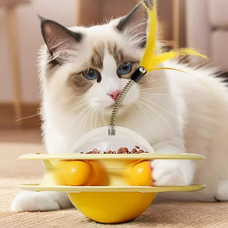 Vaso para gatos, alimentador interactivo de juguete, plato giratorio para interiores, dispensador de aperitivos para cachorros y gatitos, bolas de pista de plástico extraíbles, juguetes de plumas - imagen 2