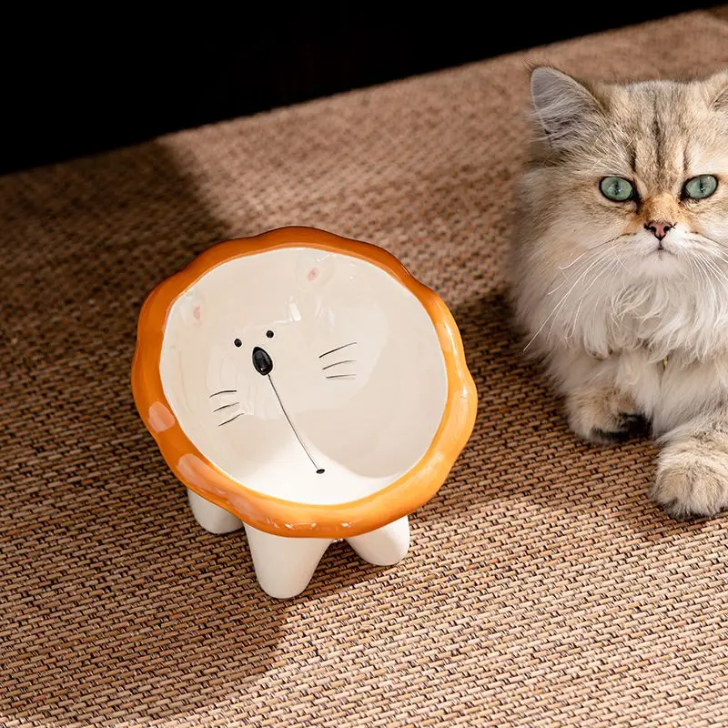 Cuenco de cerámica con forma de Animal de dibujos animados para mascotas, cuenco de cerámica para gatos, perros, protección del cuello, comederos de boca oblicua, contenedor de comida y agua antillento negro