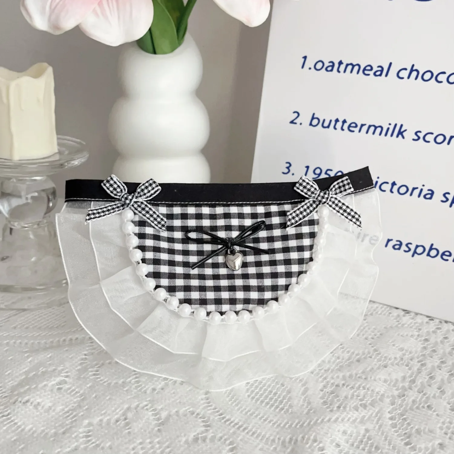 Babero a cuadros INS para mascotas, toalla para bava de gato/perro, encaje de perlas, bufanda para perros pequeños, medianos y grandes, ropa para cachorros pequeños - imagen 2