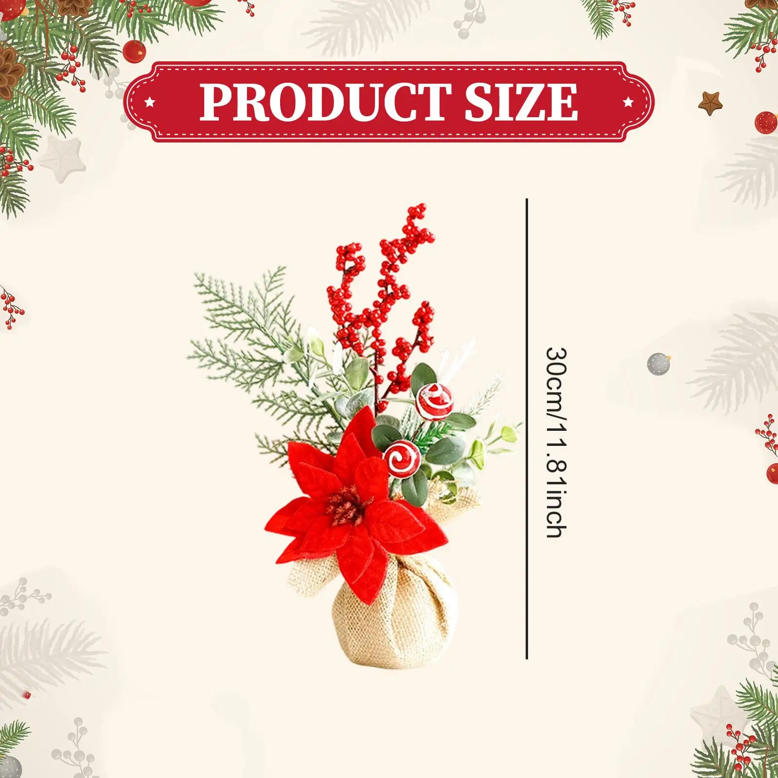 Mini Christmas Tree with Red Berries Table Decoration Burlap Base Tabletop Artificial Christmas Tree for Table Holiday Office