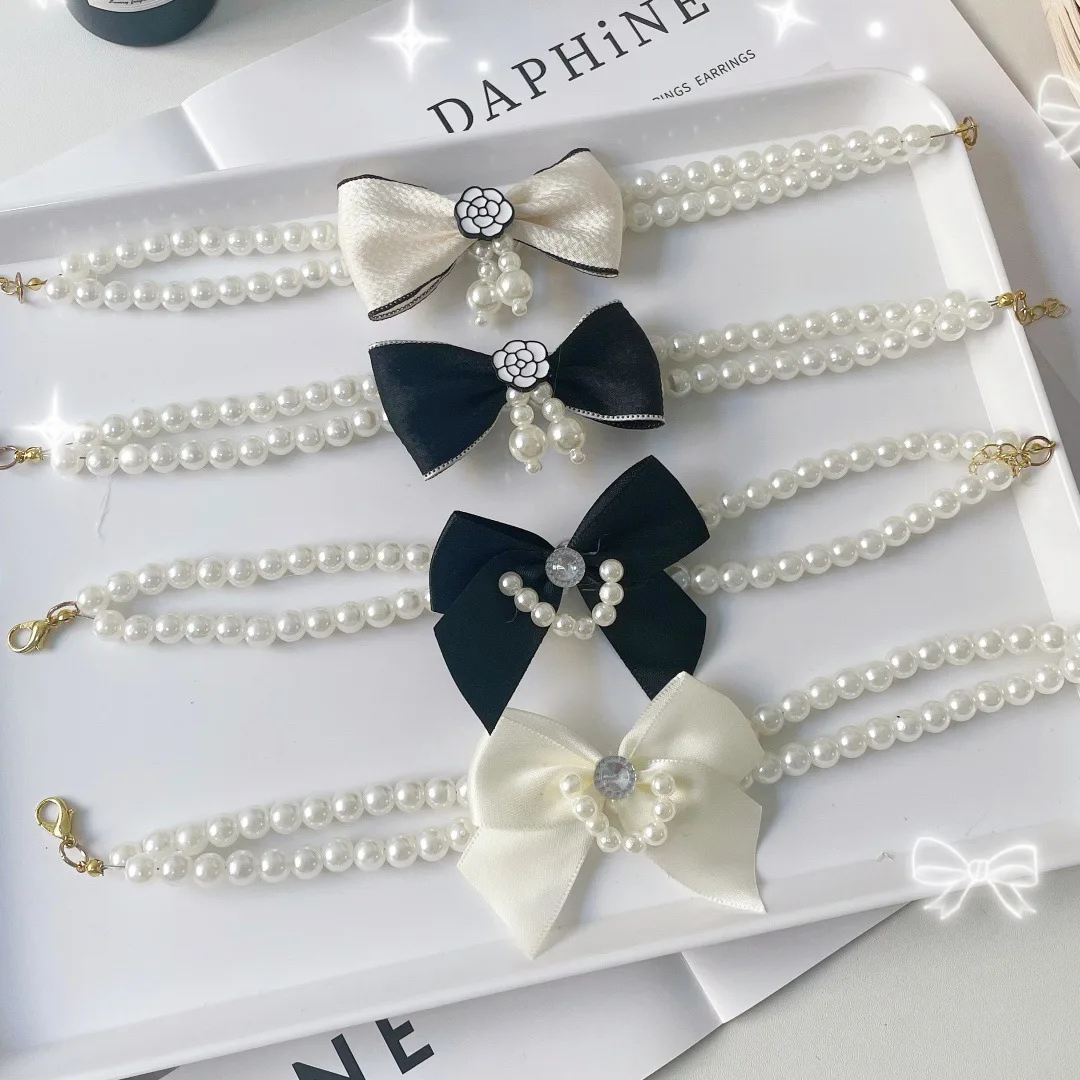 Collar de perlas de doble capa con lazo para mascotas, Collar de cuentas para perros y gatos, Collar de cadena para el cuello, accesorios para perros pequeños, accesorios para cachorros
