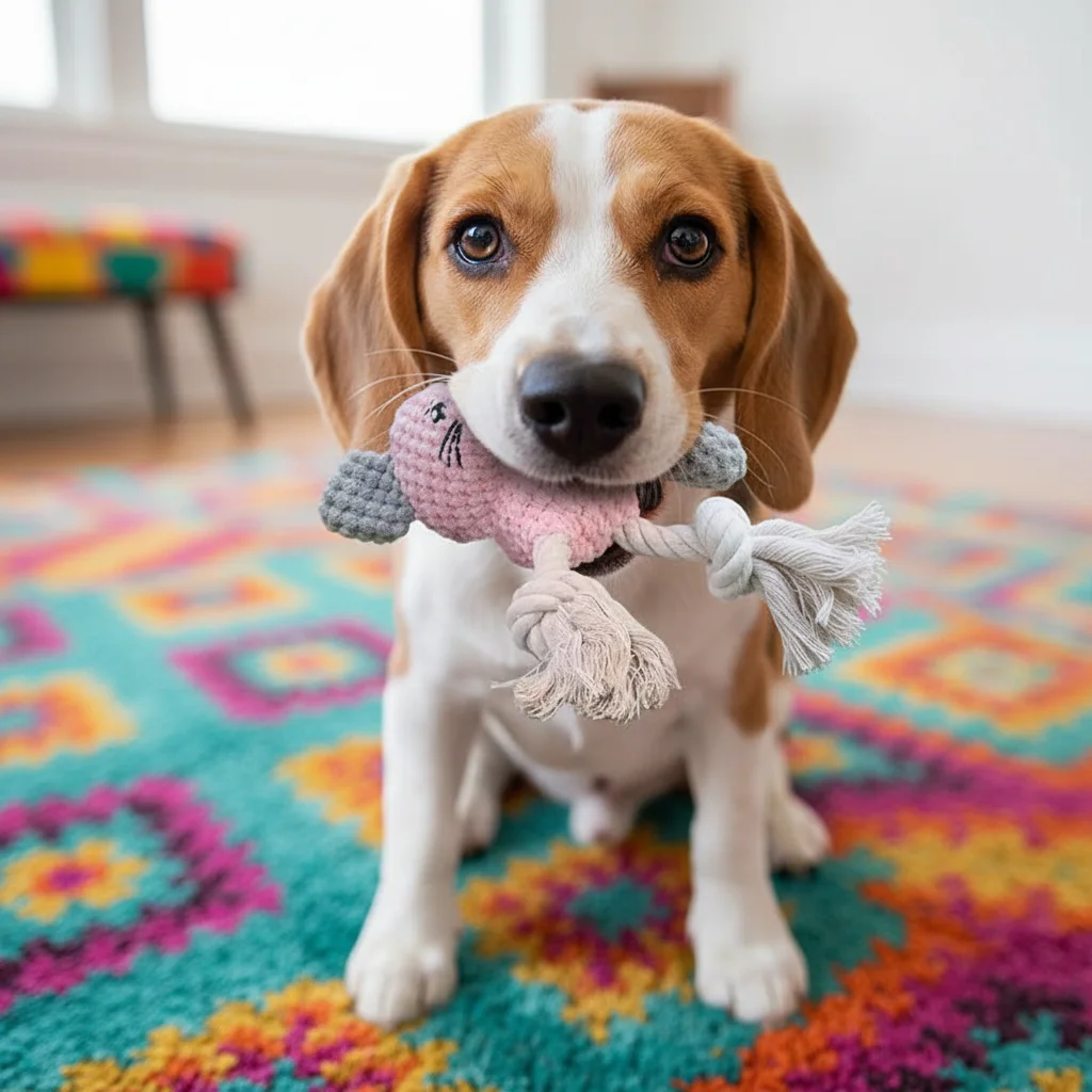 Juguete perro peluche chirriante con ratón y nudo algodón - imagen 4