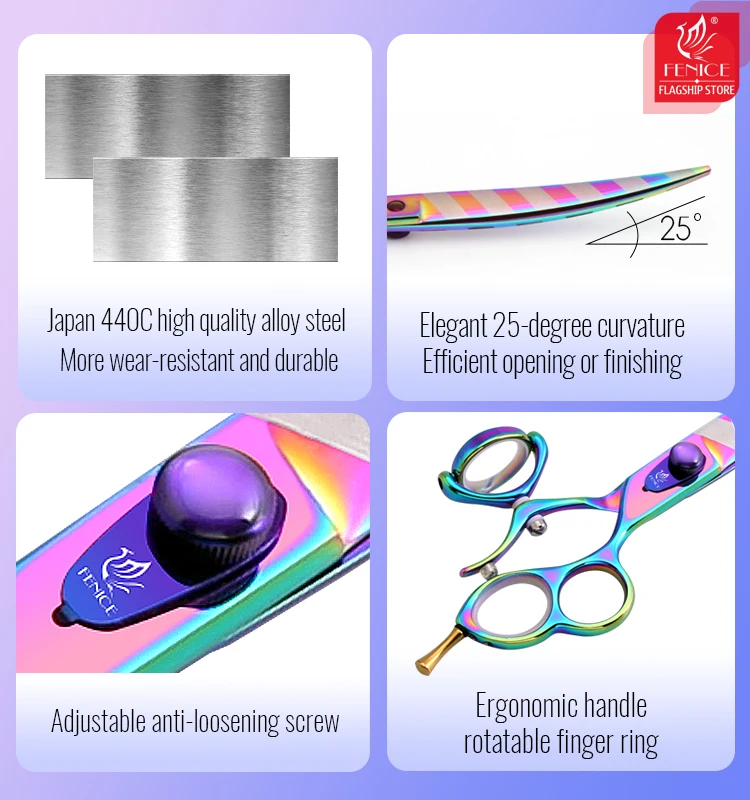 Fenice-tijeras profesionales para perros, 8 pulgadas, 3 agujeros, mango giratorio, raya con tapa de arcoíris, tijeras de aseo para mascotas curvadas y rectas JP440C - imagen 2