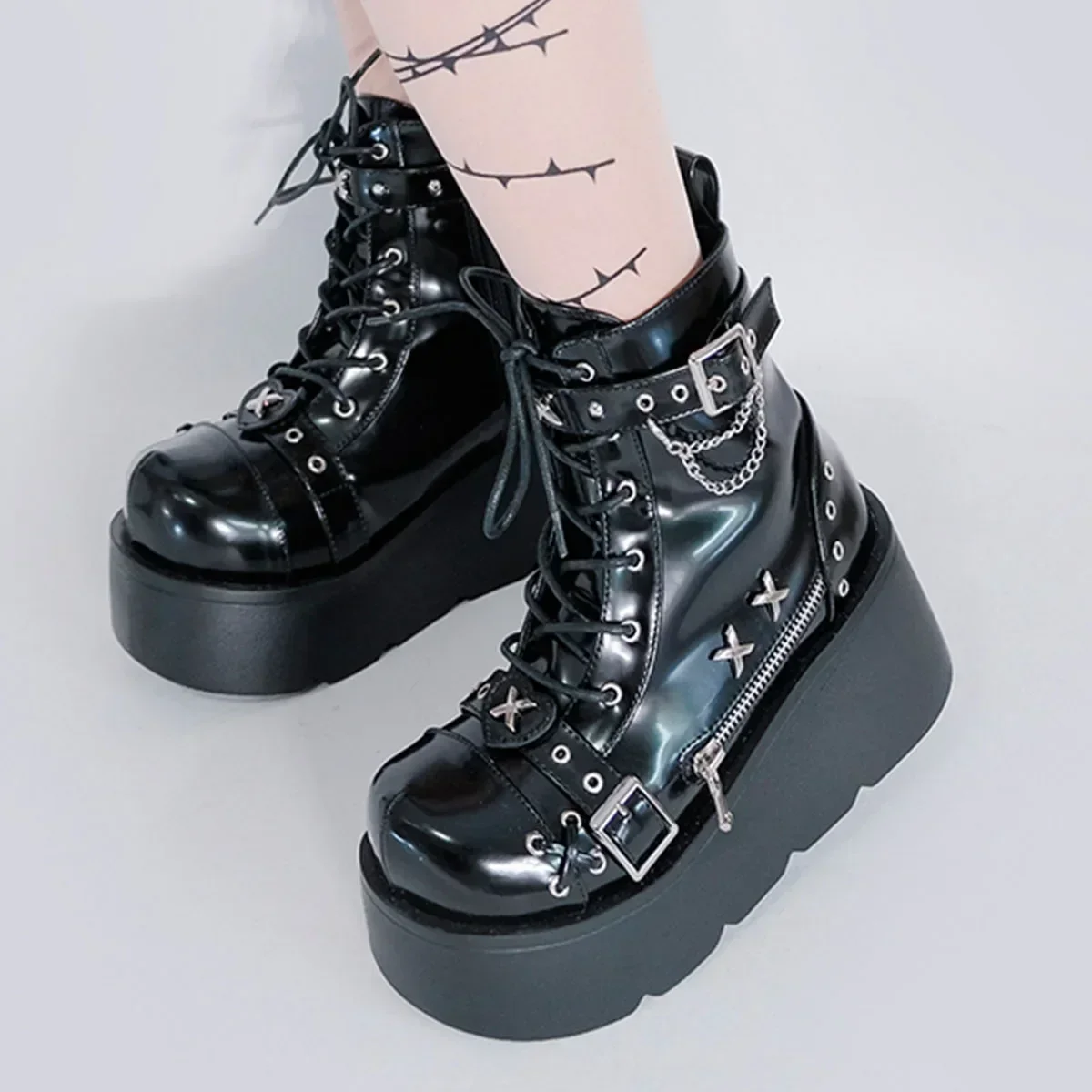Nuevo estilo gótico plataforma vampiro Cosplay mujeres botas a media pantorrilla 2024 cuñas de invierno cómodas botas de motocicleta zapatos - imagen 2