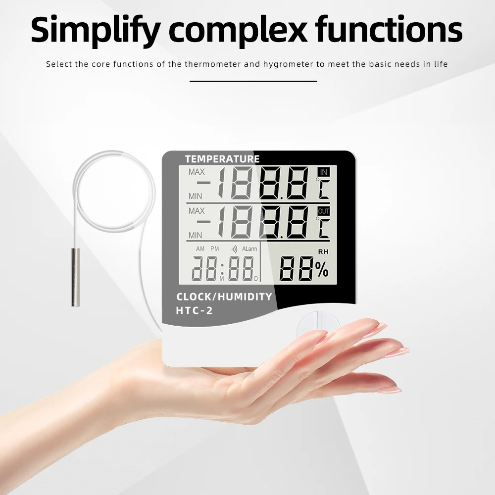 HTC-1 HTC-2 Termómetro electrónico Despertador LCD Medidor de temperatura y humedad Reloj de estación meteorológica interior con higrómetro digital - imagen 2