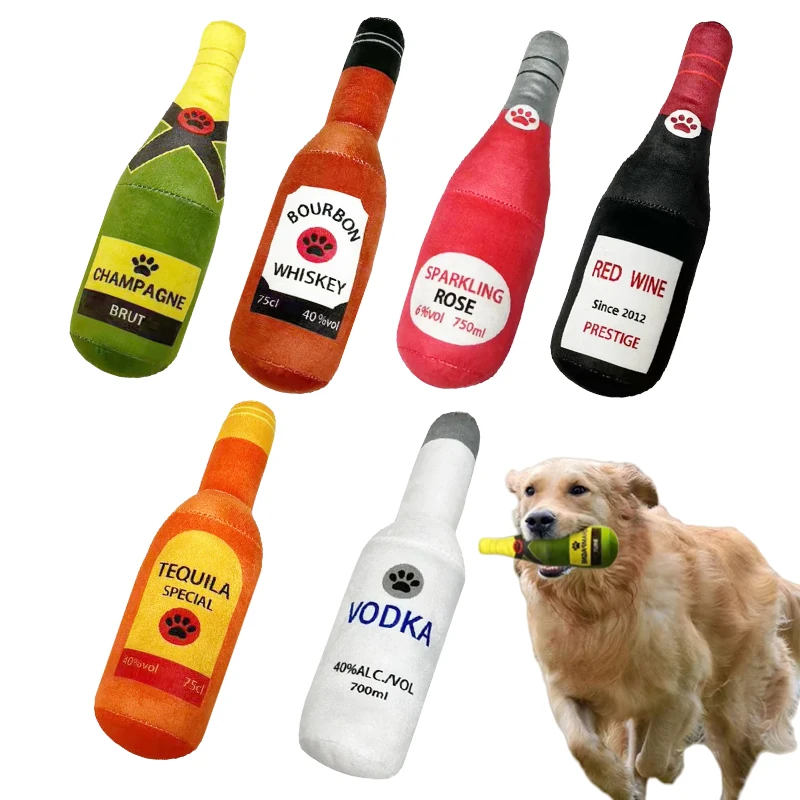 Divertidos juguetes de peluche para perros, botella de cerveza en forma de perros pequeños y grandes, sonido chirriante, juguete para masticar dientes limpios, suministros interactivos para mascotas - imagen 2