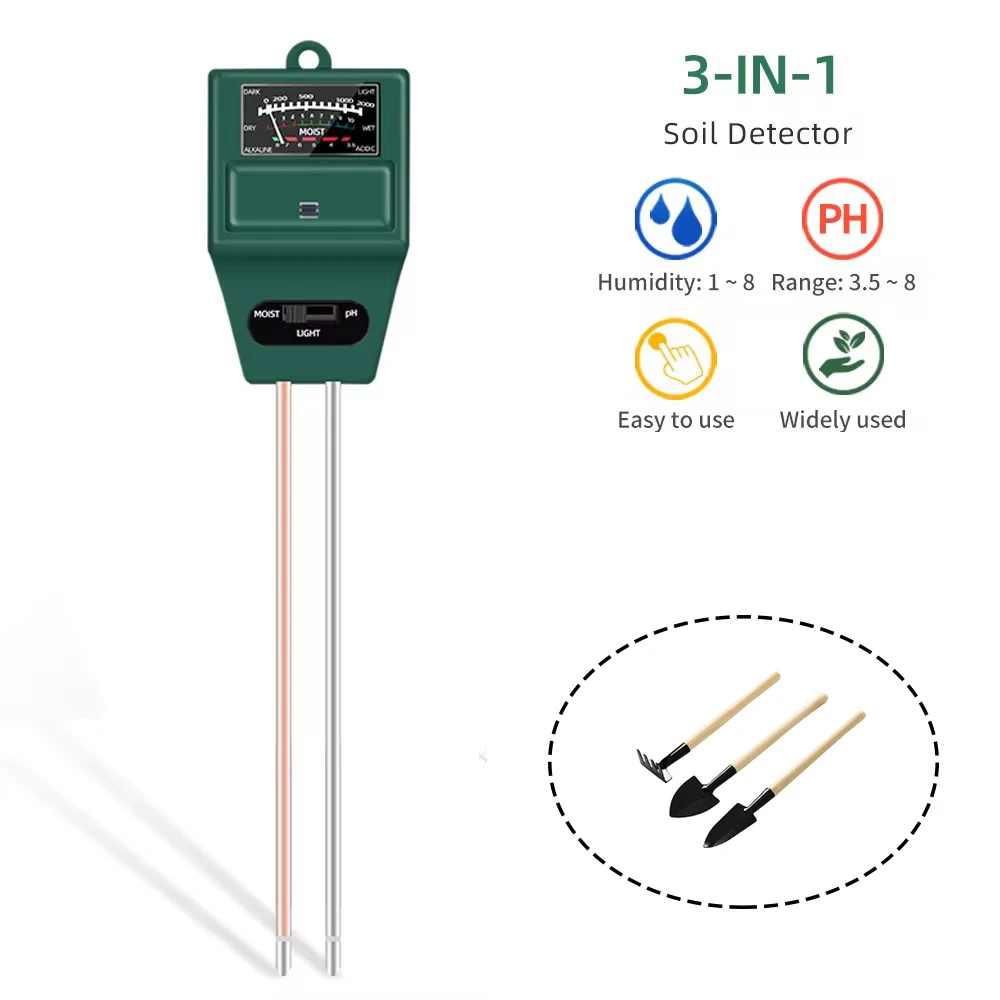 Probador de suelo portátil 3 en 1, medidor de PH de humedad del suelo, Detector de luz de humedad, Analizador de acidez de flores de plantas con Mini herramienta de jardín