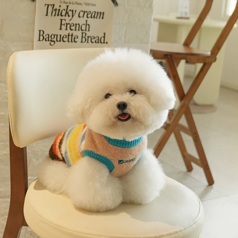 Suéteres de arcoíris para perros, suéteres suaves y cálidos de imitación de visón para mascotas, traje de otoño e invierno para perros pequeños, prendas de punto para cachorros, ropa bonita para gatos - imagen 5