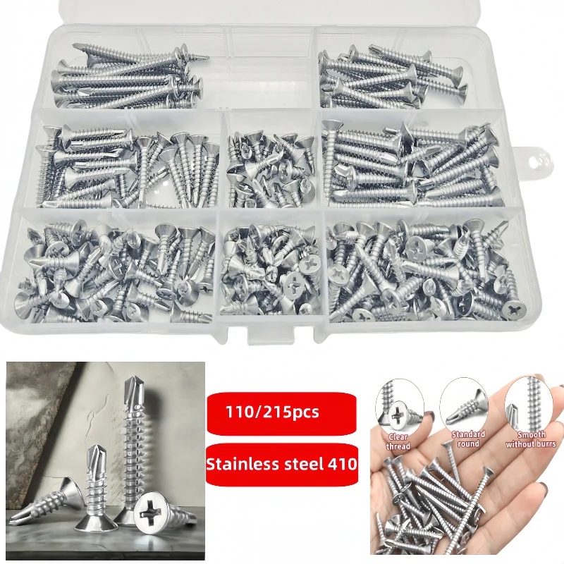 110/215 piezas 410 tornillo autoperforante cruzado de cabeza plana de acero inoxidable chapa de metal