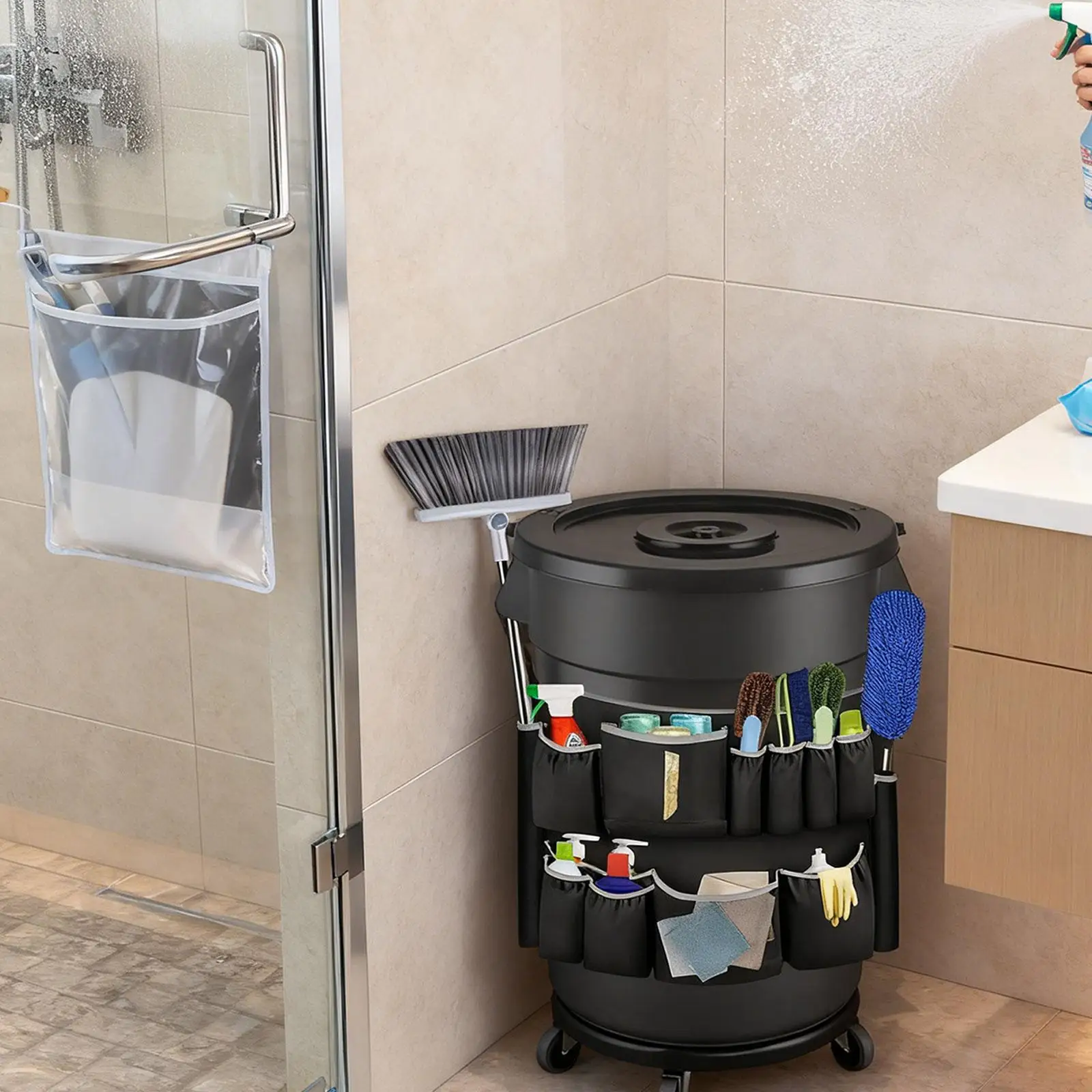 Organizador de bolsa de herramientas de cubo resistente de tela Oxford, organizador de herramientas de limpieza con múltiples bolsillos para limpiadores de casa - imagen 2