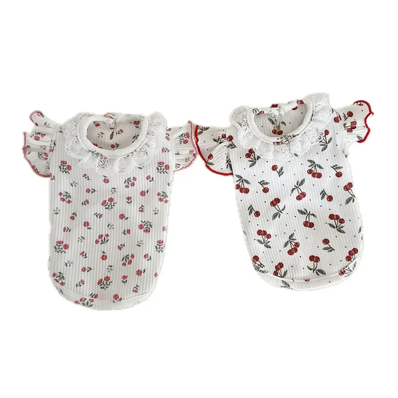 Camiseta de primavera y verano para mascotas, camisa Base de manga voladora de encaje Floral de cereza, chaleco bonito para Gato, ropa para cachorros, ropa para perros pequeños - imagen 5