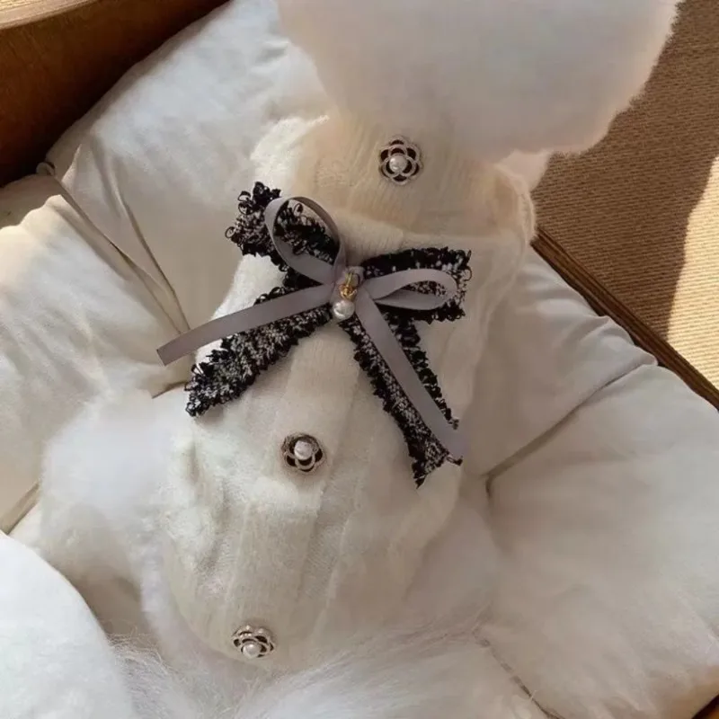 Suéter de cuello alto cálido para invierno, ropa para perros, chaquetas con Base de lazo de lana, suéter de punto para mascotas, abrigo de felpa para cachorros y osos de peluche - imagen 2