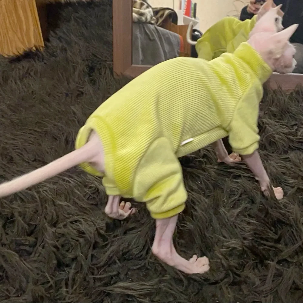 Suéter de vellón cálido para gato Abrigo de invierno de 4 patas para Sphynx Sudadera amarilla de gato para gatitos Perros Ropa de estar por casa suave para Devon Rex - imagen 2