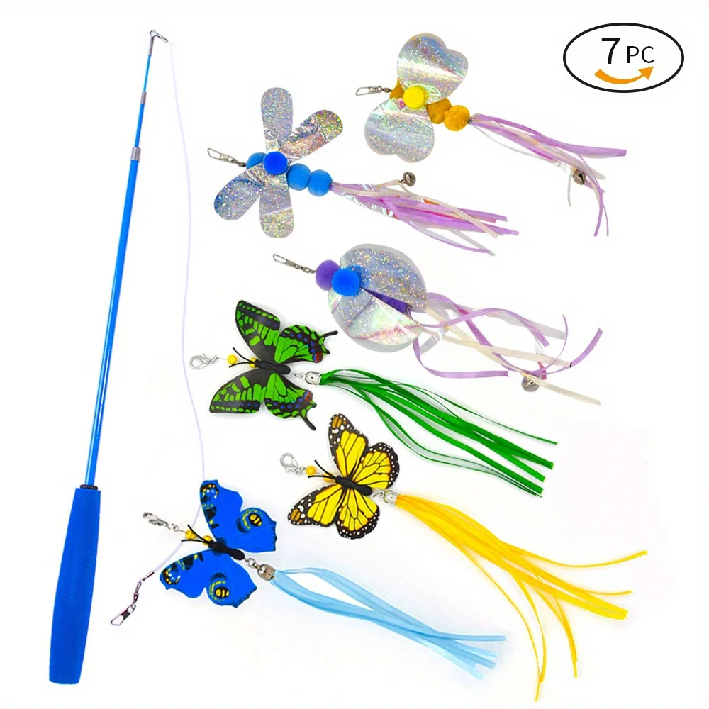 Paquete de 7 juguetes interactivos para gatos, divertida pluma de simulación con campana, palo para gatos, juguete para gatitos, varita de juguete, suministros para gatos