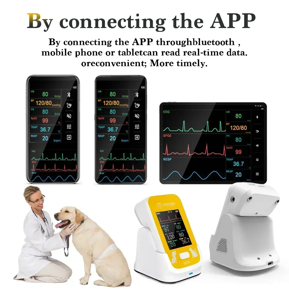 Monitor veterinario portátil 6 en 1 para mascotas, Monitor de signos vitales multiparámicos SpO2 HR Temp ECG RR NIBP, monitoreo con aplicación Bluetooth - imagen 3
