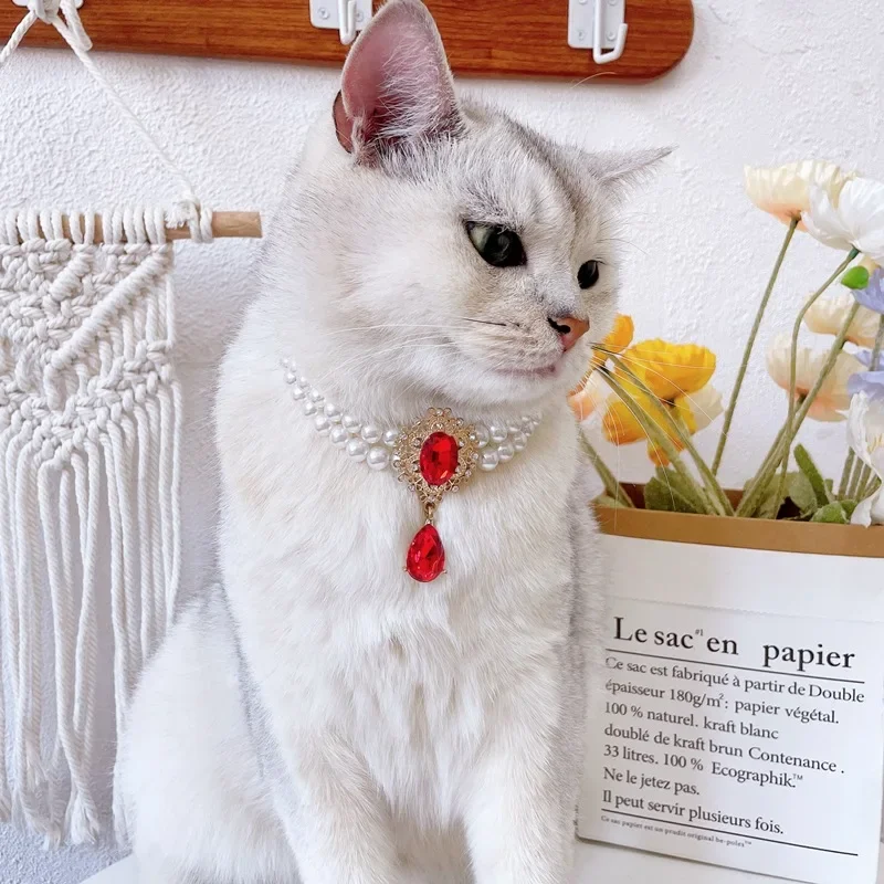 Collar de perlas para perro, joyería para perros pequeños, cachorro, gato, Collar de boda, Chihuahua Yorkie, ropa para niña, accesorios de disfraz, 2 filas - imagen 4