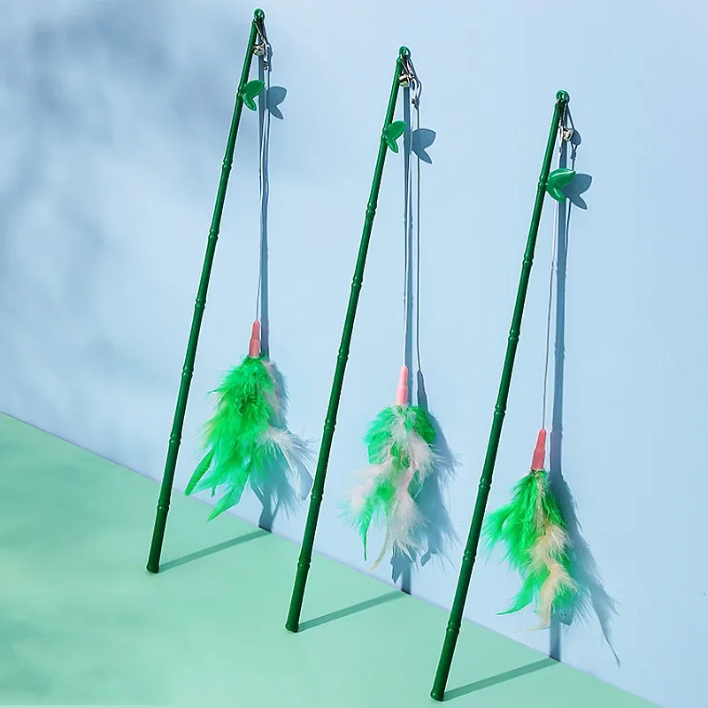Juguetes interactivos de plumas con mango de bambú para gatos, palos desmontables con campana, juguetes de plumas para gatos, burlas para gatitos - imagen 2