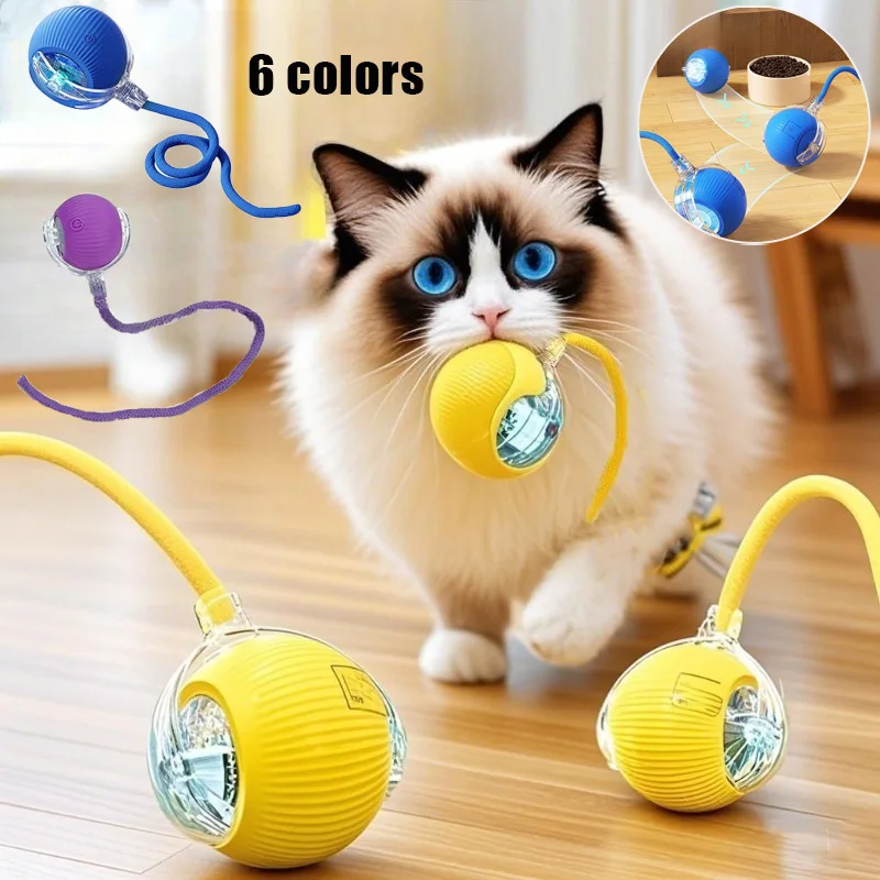 Nuevos juguetes de pelota interactiva para gatos, bola rodante automática de silicona con Teaser de cola larga, juguete eléctrico inteligente para mascotas, juguete para gatos y gatitos
