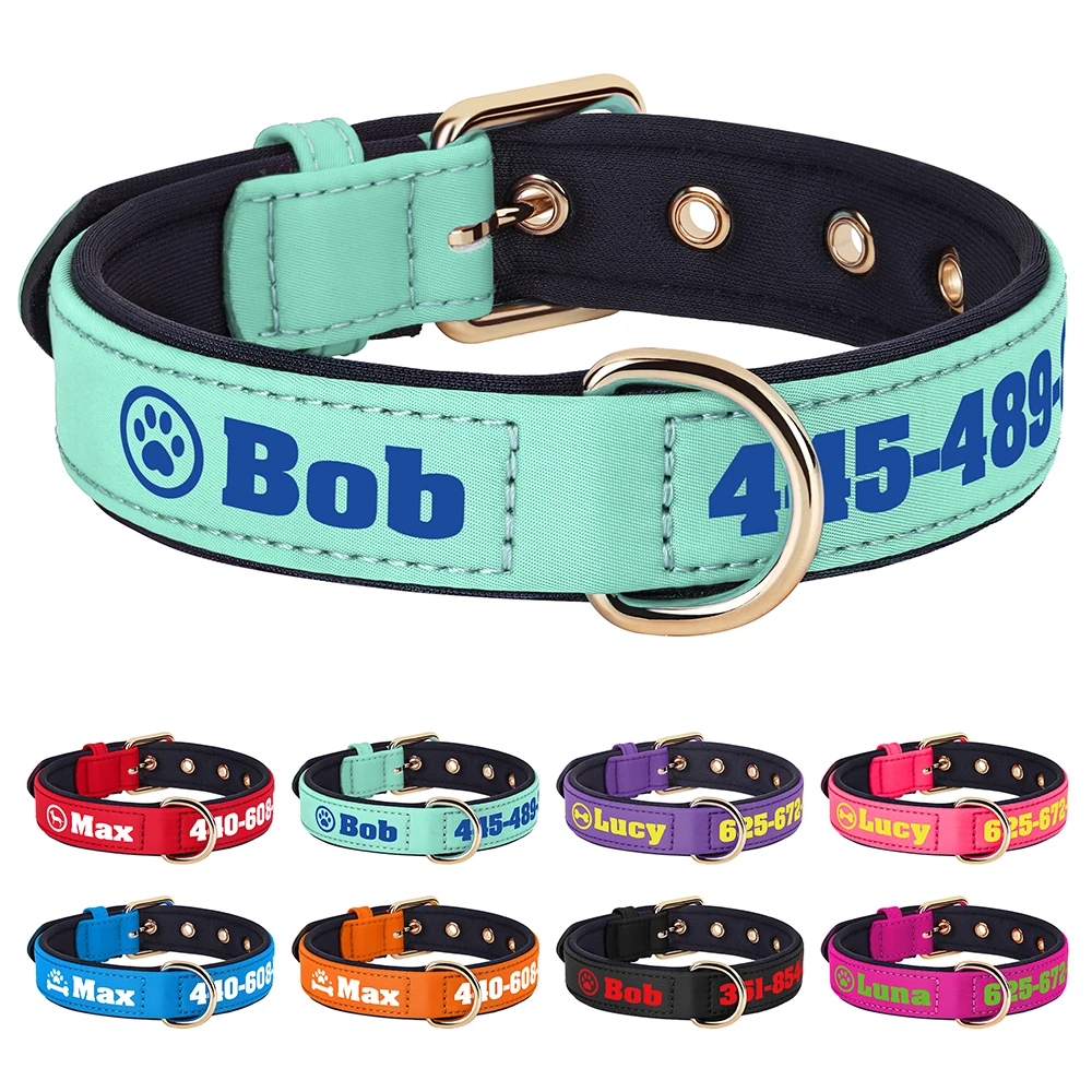 Collar de cuero acolchado suave personalizado para Perro, estampado gratis, nombre, hueso, mascotas, perros medianos y grandes