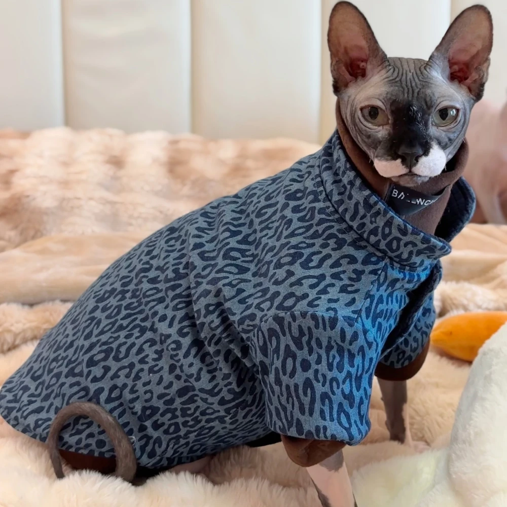 Sudadera de forro polar para gato Sphynx, traje grueso y cálido para gatitos, perros, chaqueta de leopardo azul suave para gato masculino, Invierno - imagen 2