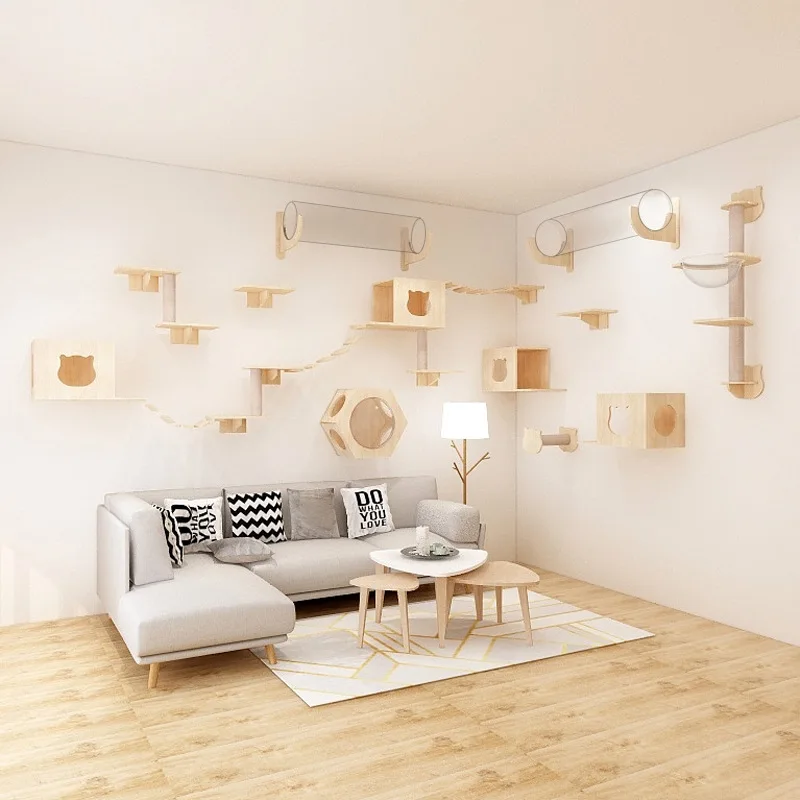 Hamaca para gatos montada en la pared, juego de estante de pared para gatitos, poste rascador de madera, casa de árbol trepadora, juguete, muebles para mascotas - imagen 5