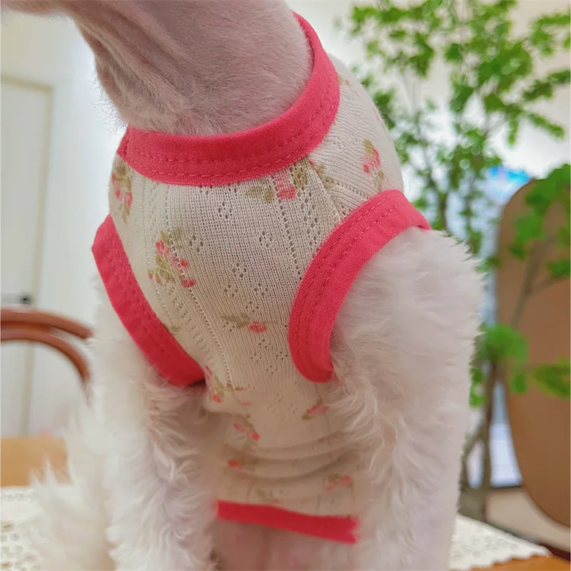Camiseta de algodón de malla transpirable para gato sin pelo Chaleco de verano floral rojo dulce para ropa de estar por casa Sphynx Cat Devon Rex en primavera