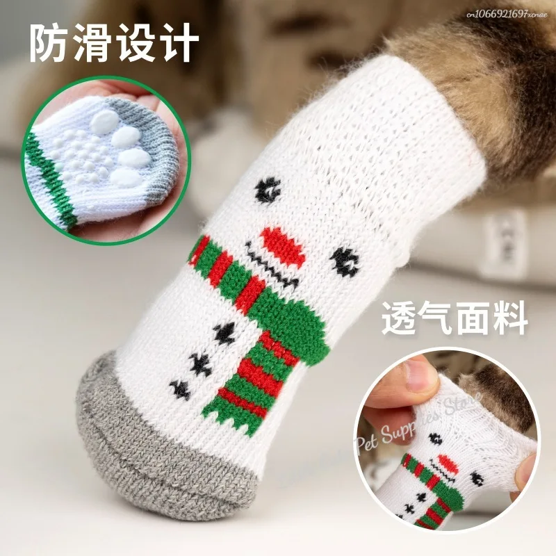4 unids/set de calcetines navideños de punto para perros pequeños, zapatos para gatos, botas para Chihuahua para invierno, ropa interior cálida, Protector de pata sin cordones