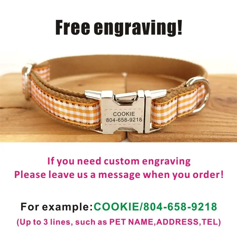 Collar personalizado para mascotas, placa con nombre personalizada, etiqueta de identificación, collares ajustables para perros y gatos a cuadros escoceses marrones, correa de plomo - imagen 4