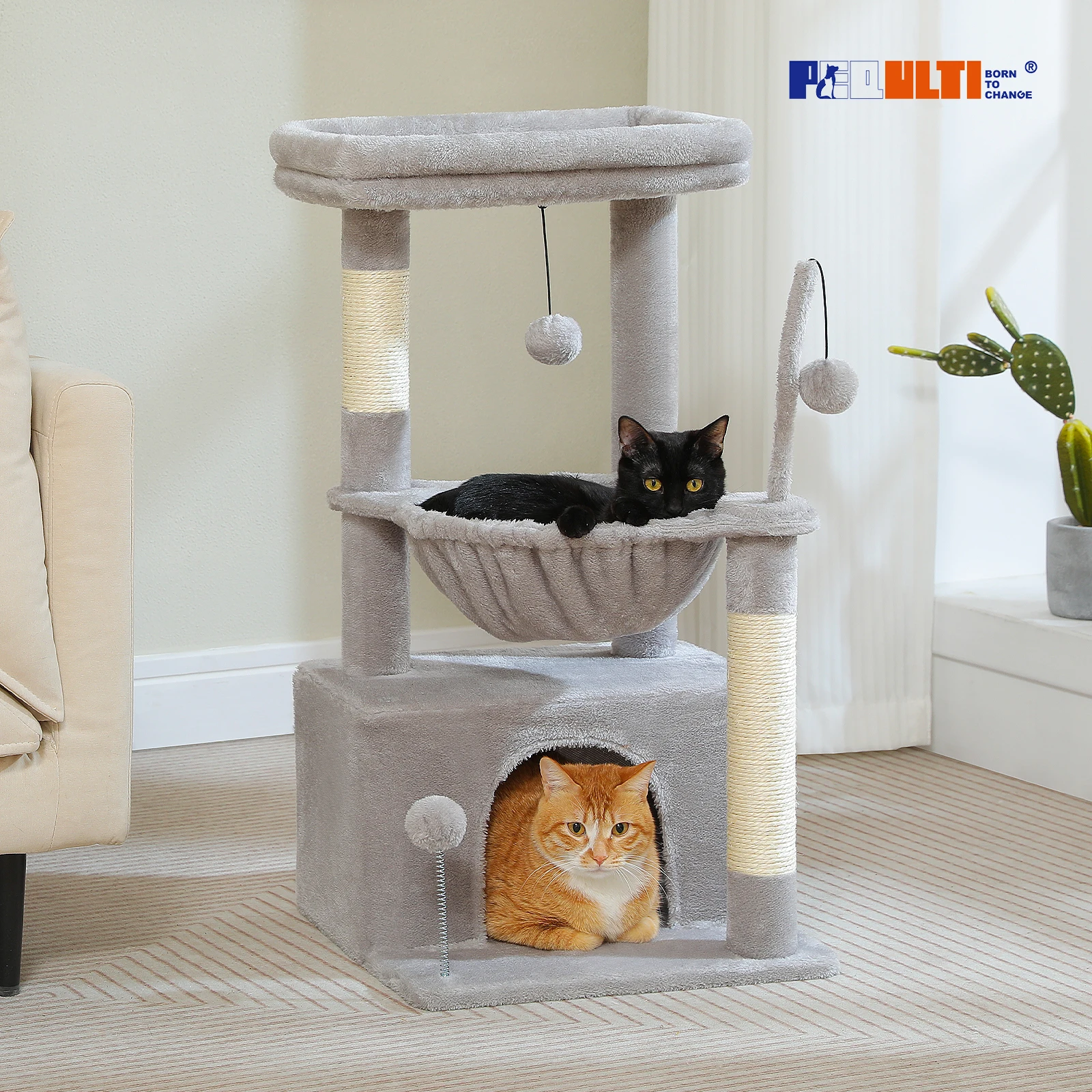 Árbol para gatos 4 en 1 con condominio grande, poste rascador de sisal, hamaca profunda, cómoda plataforma superior, rascadores para gatos, torre pequeña para interiores, juguetes para gatos, cama para gatos