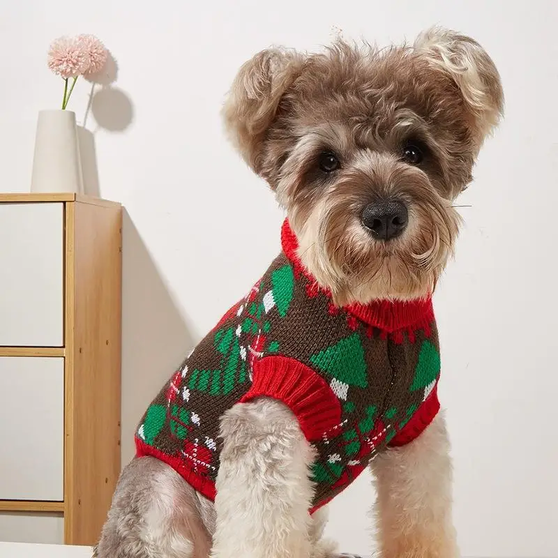 Pet Christmas Sweater Knitted Sweater Mid High Neck Warm Diamond Grid Pattern Comfortable Pet Dog Autumn and Winter Clothes
