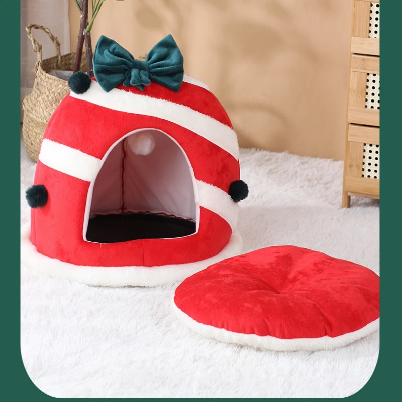 Winter Closed Cat Nest Christmas Gift Box Design Sleeping House for Cats Dogs Soft Warm Bed for Kittens Pet Party Dec Supplies - imagen 2