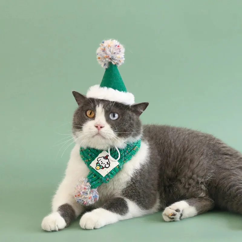 Gorro de Navidad bonito para perro mascota, bufanda de lana tejida con dibujos de bolas de pelo, fieltro para el cuello, decoración navideña cálida para año, accesorios para cachorros - imagen 4