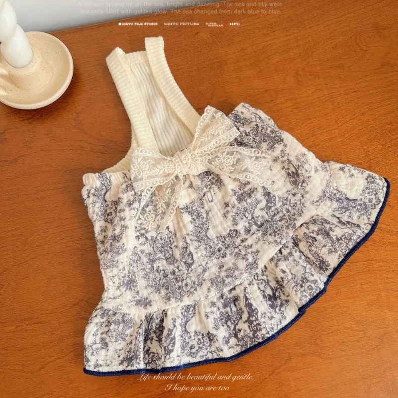Ropa de moda para perros, falda Retro de estilo francés con lazo Floral, vestidos de princesa para cachorros, oso de peluche, falda con tirantes para perros pequeños - imagen 5