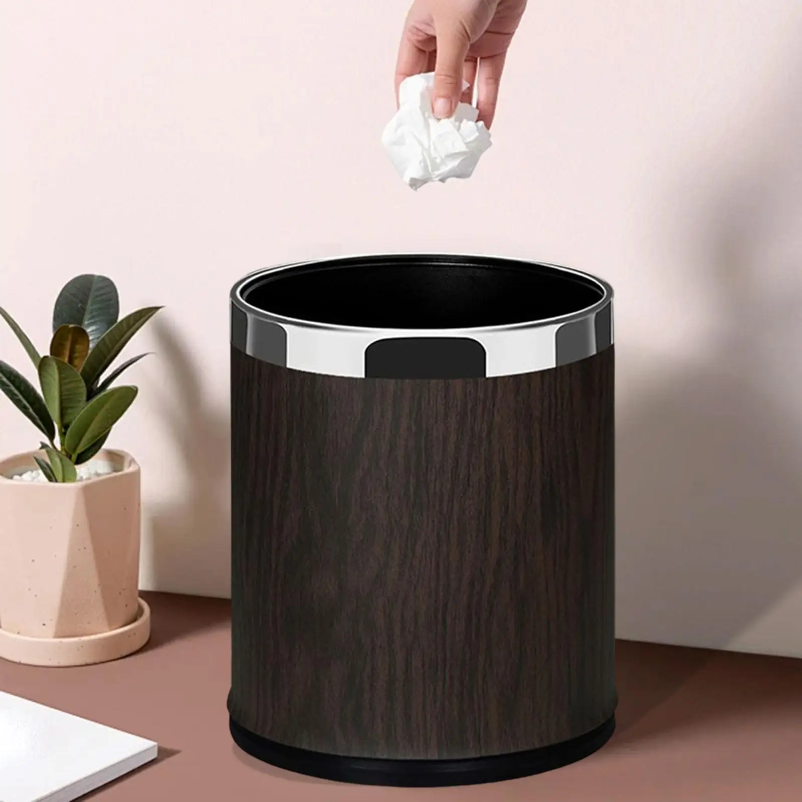 Wood Grain Trash Can Dustbin Modern Simple Lightweight Waste Can Garbage Can for Restroom Dorm Office Living Room Restaurant