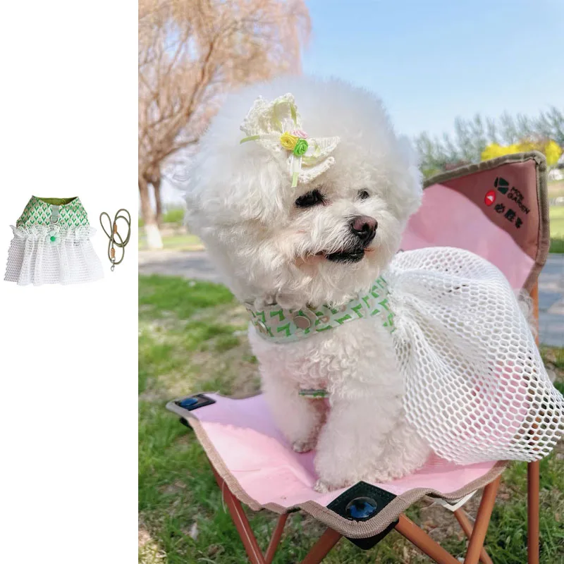 Arnés de malla verde para cachorros de princesa, ropa de verano para perros pequeños, correa para el pecho de perro bonito de lujo para caminar al aire libre, maltés de Pomerania