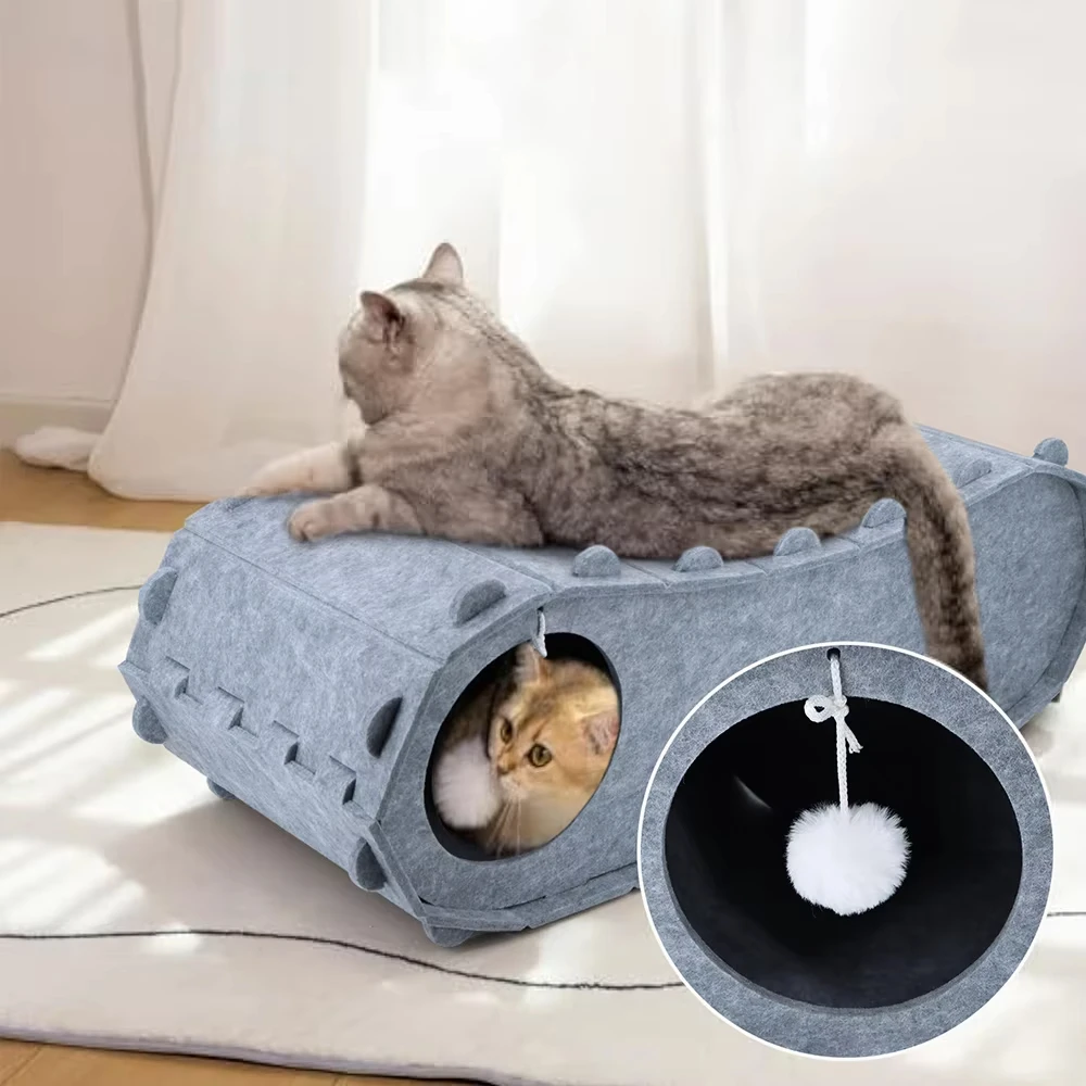 Cabaña para gatos de fieltro grueso de doble capa acogedora con pelota de juego colgante, ocultador para todas las estaciones, diseño antideslizante que ahorra espacio para gatos de interior - imagen 2