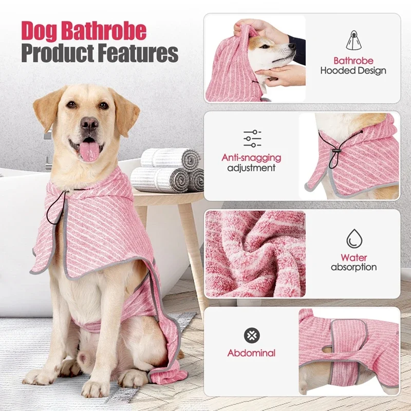 Abrigo de secado para mascotas, albornoz absorbente, toalla para perros grandes, medianos y pequeños, suave, ajustable, secado rápido, humedad, bata de baño para perros y gatos - imagen 2