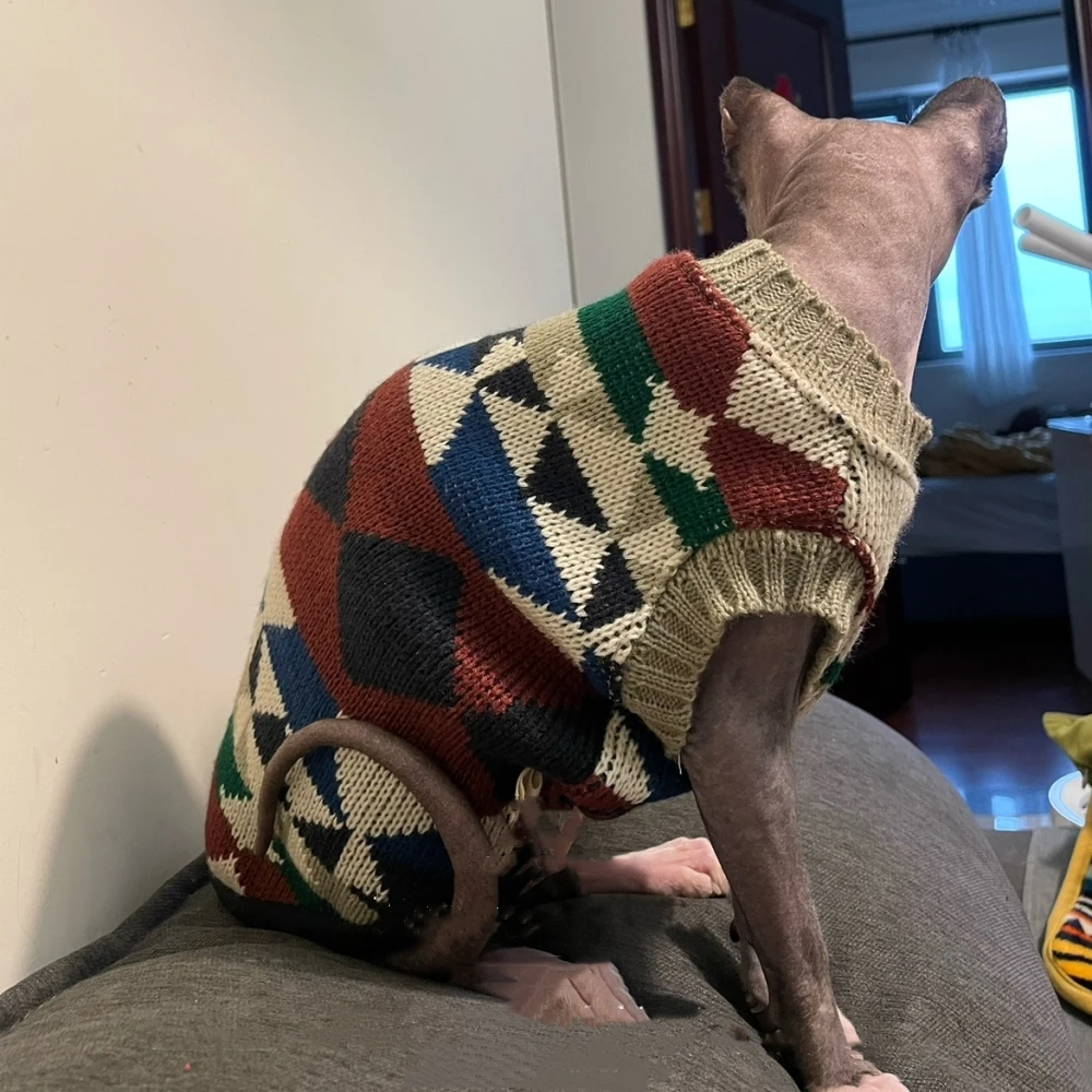 Abrigo de punto de Navidad para gato, ropa de salón para gato Sphynx, chaleco de suéter británico clásico de invierno, suministros para gatos de vacaciones - imagen 4